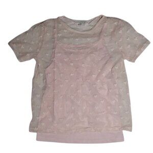H&M, SHEER TOP WITH HEART PRINTS, COLOR: PINK, SIZE: 8-10Y